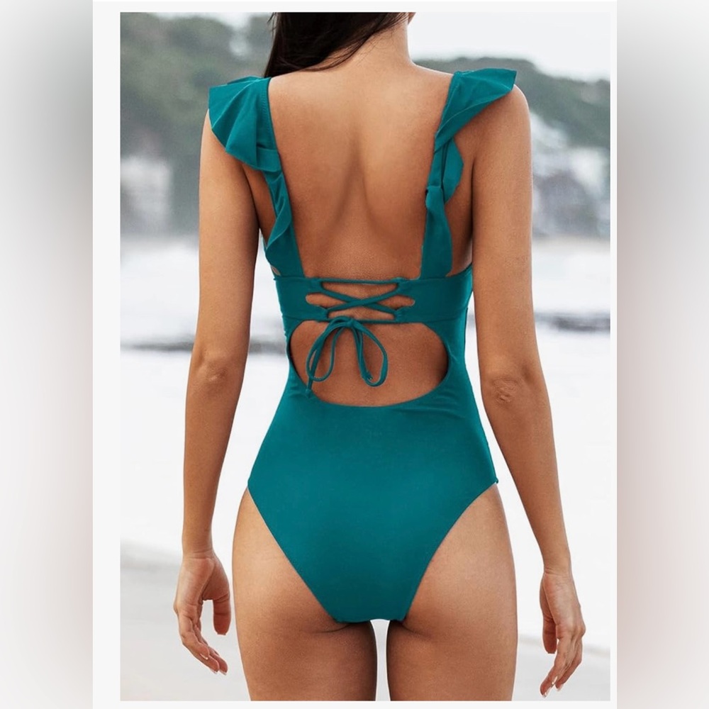 Cupshe Teal Ruffled V-Neck Swimsuit NWT size S - Picture 2 of 8